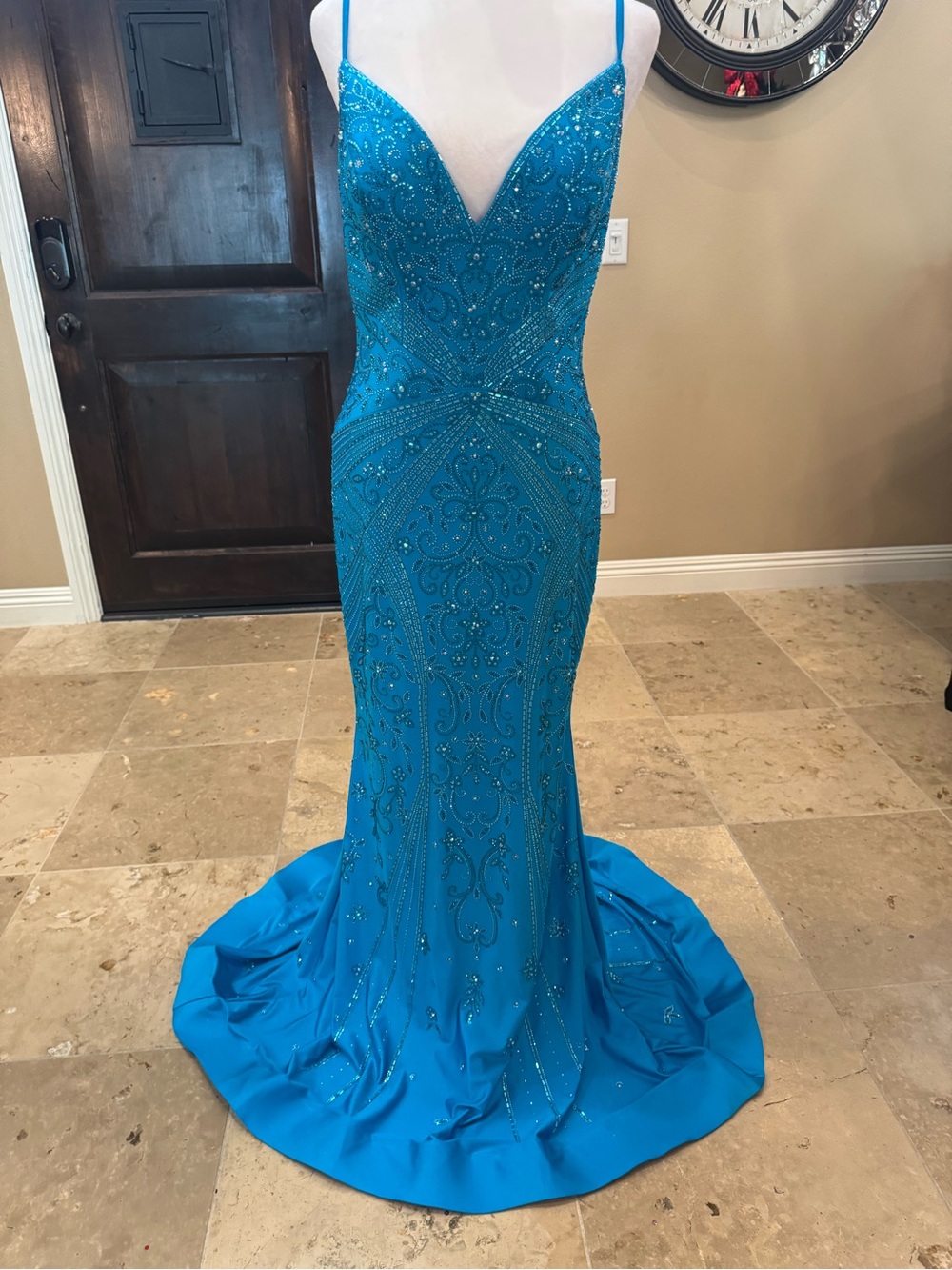 ellie wilde Bright Turquoise Beaded Mermaid Gown